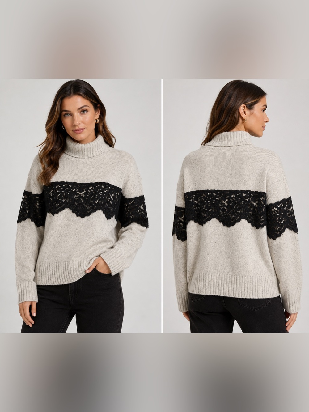 Marissa Webb Gray Black Lace Turtleneck Knit Sweater Size M